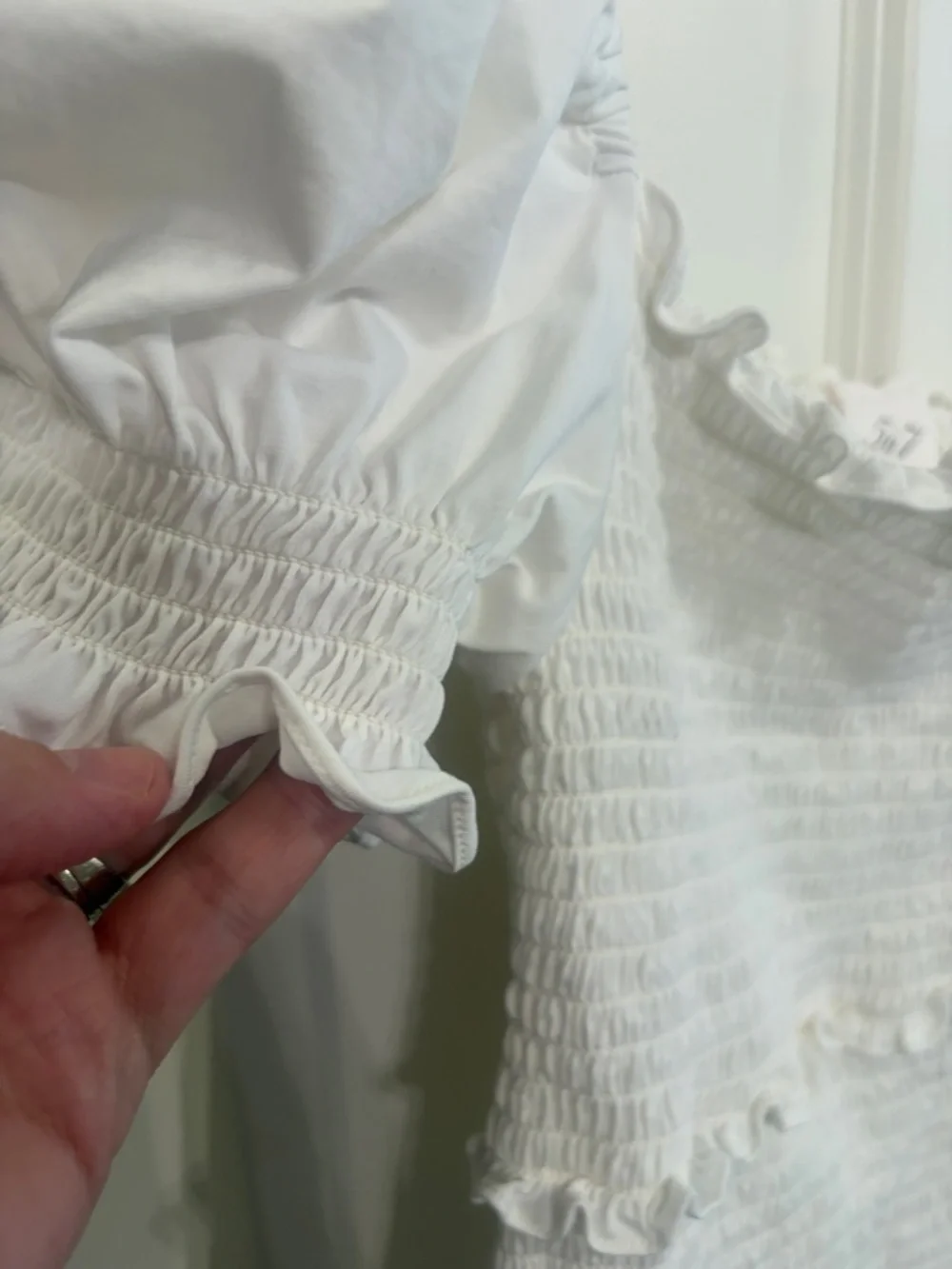Like new designer Cinq a Sept White Smocked Puff Sleeve Square Neck Top size S. - Picture 6 of 12